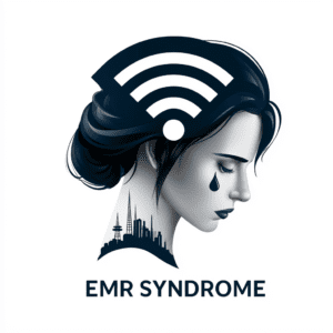Symbolic AI line art illustration of a woman experiencing EMR symptoms for the EMR Syndrome platform.