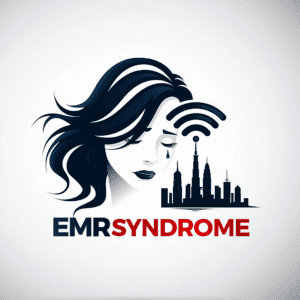 Symbolic AI line art illustration of a woman experiencing EMR symptoms. EMR syndrome where a woman is surrounded by wifi and mobile phone radiation in a city.